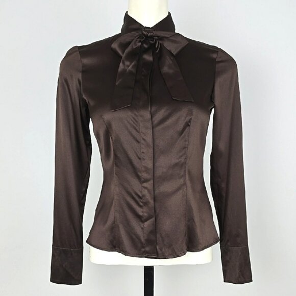 F Carriere Women's Silk Blend Espresso Brown Long Sleeves Button Down Blouse XS - Picture 1 of 16